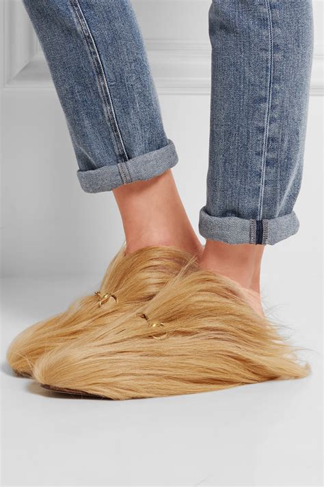 horsebit detailed goat hair slippers gucci|Gucci chewbacca slippers.